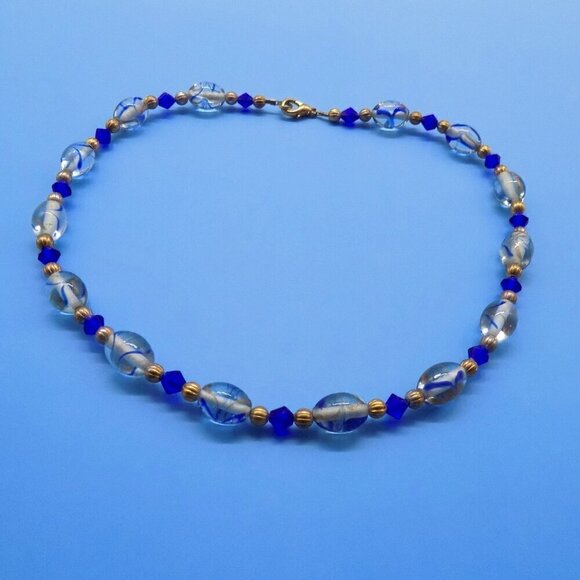 Vintage Glass Beads Necklace Blue Gold Tone Clear Beads Swirls - Picture 1 of 10